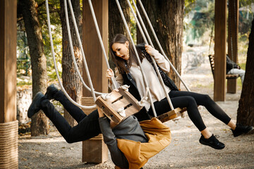 Bad Date. Man fell off the swing, Funny Disappointed Shocked Asian woman.