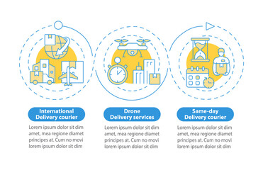 Courier business blue circle infographic template. Shipping service. Data visualization with 3 steps. Process timeline info chart. Workflow layout with line icons. Myriad Pro-Bold, Regular fonts used