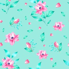 Seamless background, floral pattern with watercolor flowers and green leaf. 