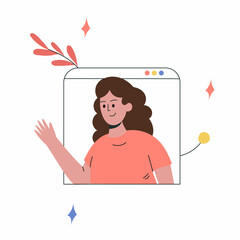 A woman waves her hand through a tablet. Online communication, video communication. Video call. Vector illustration