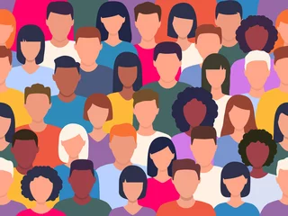 Foto op Plexiglas Kleurrijk Mensen menigte kleurrijke patroon. Diverse multiculturele groep mensen die naadloos patroon bij elkaar staan. Vector menselijke illustratie.