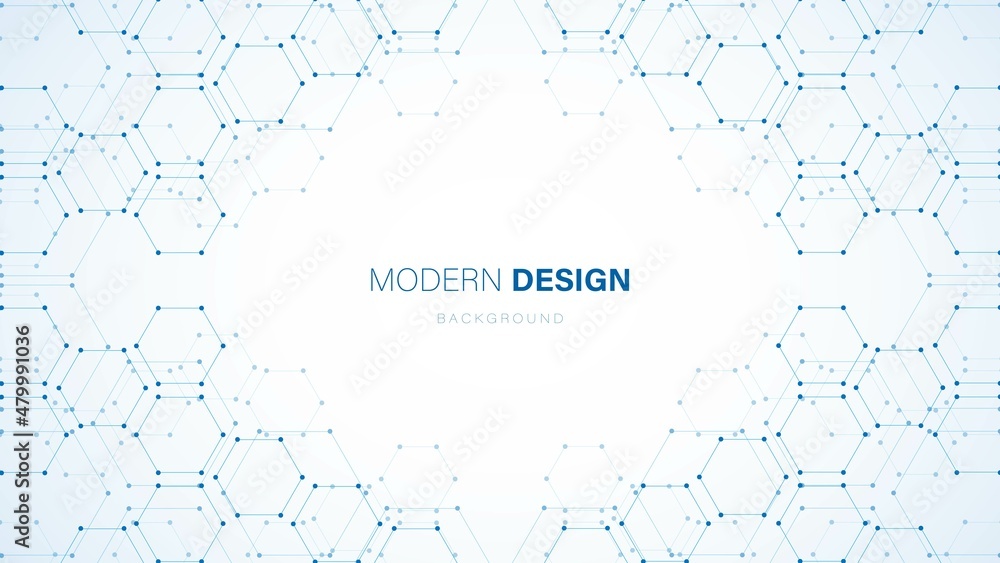 Poster vector blue abstract background frame. texture mechanisms of hexagons with dots, honeycombs. digital
