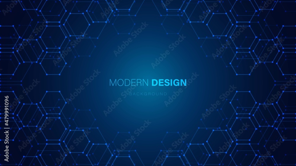 Poster vector neon abstract background frame. texture mechanisms of hexagons with dots, honeycombs. digital