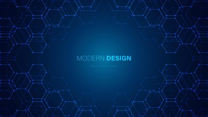Vector neon abstract background frame. Texture mechanisms of hexagons with dots, honeycombs. Digital technology design and engineering design, mobile connection. Mechanical engineering