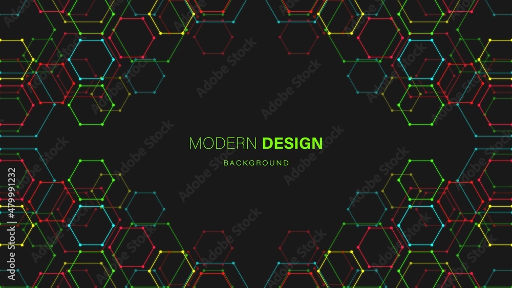 Poster Vector neon color abstract background frame. Texture mechanisms of hexagons with dots, honeycombs. Digital technology design and engineering design, mobile connection. Mechanical engineering