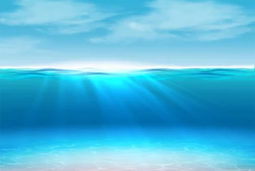 Foto op Plexiglas 3d realistic background. Underwater ocean with sun rays. Sea side concept with wavy water surface  © Real Vector