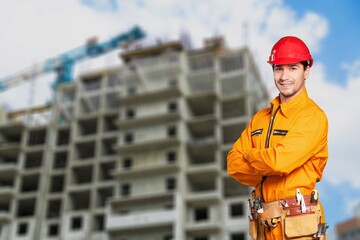 Male engineer handsome man or architect looking construction with safety helmet