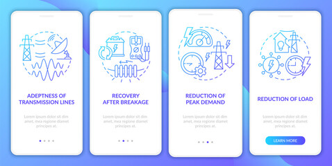 Smart grid applications blue gradient onboarding mobile app screen. Power walkthrough 4 steps graphic instructions pages with linear concepts. UI, UX, GUI template. Myriad Pro-Bold, Regular fonts used