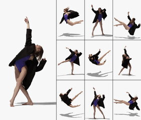 Collage of professional dancer, woman performing ballet or contemp isolated over white background