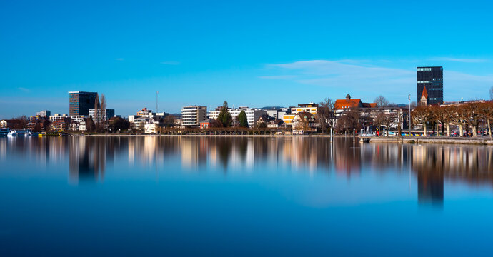Zug, Switzerland - December 31, 2021: The cityscape of Zug, a political municipality and capital of the Swiss canton of Zug.