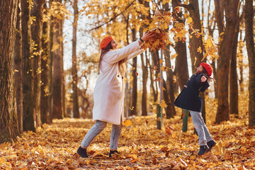 Fototapeta premium Throwing leaves into the air. Mother with her little daughter is having walk in the autumn park