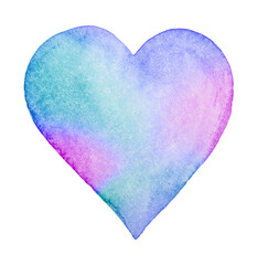 Hand drawn painted lovely rainbow blue heart, watercolor element design.  Happy valentines Valentine's Day 14th february poster. Can be used for cards, typography, labels. Isolated objects on white.