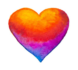 Hand drawn painted lovely rainbow orange red heart, watercolor element for design. Happy valentines Valentine's Day 14th february poster can be used for cards, typography, labels. Isolated on white.