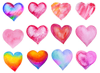 Set of red, pink, rainbow watercolor hearts. Print to Valentine's Day with hearts. Isolated hand painted objects on a white background. 14th february, valentine
