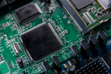 Microcircuit with chip close up. Chip shortage