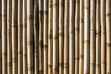 Fototapeta premium Old brown tone bamboo simple wall or Bamboo fence texture background for interior or exterior design vintage tone. Brown bamboo stick pattern backdrop. Local area urban house protection from thief.