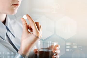 Stressed tired woman taking vitamins, painkillers, antidepressants, pills, meds. Patient with medication