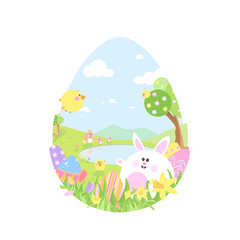 Easter Bunny with Eggs in Easter Egg Frame - Flat Colours