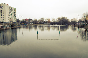 Ruined Football Pitch Drowned under Water after Heavy Rain.