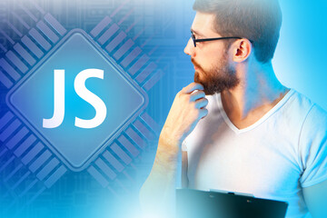 JS logo. Concept of development using Javascript language. Java Script programming language....