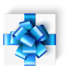 Elegant white gift box with blue ribbon. Top view