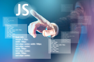 Javascript logo. Javascript programming code. JS button on virtual screen. Hand reaches for JS...