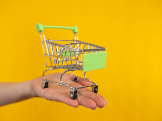 Trolley from supermarket in hand of man. Miniature shopping trolley . Procurement of grocery...