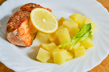 Salmon fish steak on plate