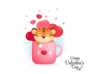 Valentine day with cute baby tiger in decorative mug
