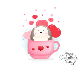 Valentine day with cute hedgehog in decorative mug
