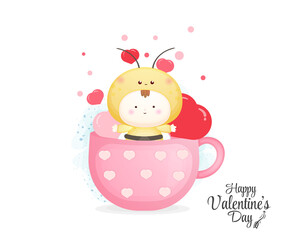 Valentine day with cute baby bee in decorative mug