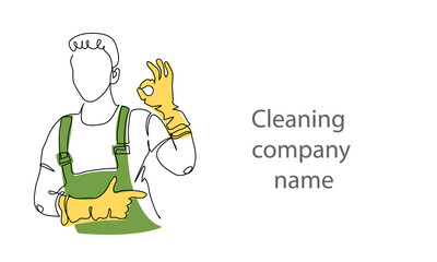 Cleaner man in gloves and apron. The concept of good cleaning service. One continuous line art drawing of cleaner staff