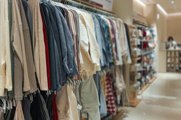 mass market clothes are hanging on a hanger in the store.