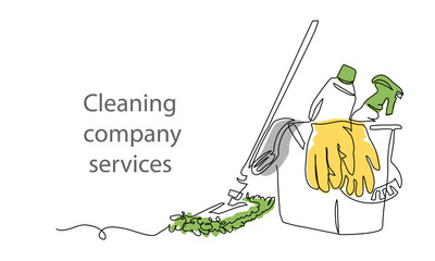 Cleaning tools mop, bucket, detergent, gloves. One continuous line art drawing banner, poster, background with set of cleaning tools