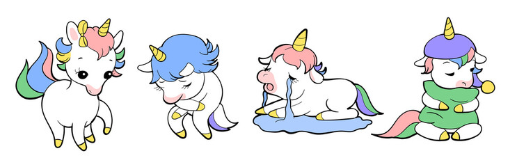 Set of cute unicorns in kawaii style. Cartoon pony sticker design. Vector emoji.