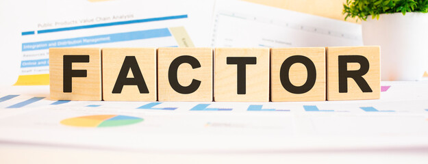 FACTOR word on wooden cubes. The background is a business graphs. Business and finance concept