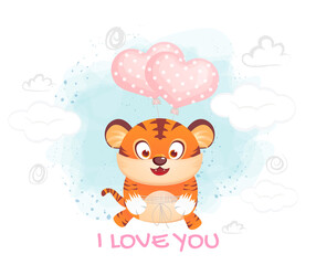 Fototapeta premium Happy valentine's and greeting text with cute tiger flying with heart balloon cartoon character