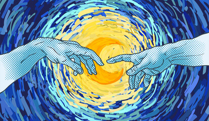 Vector hand drawn illustration of hands reaching in blue dot halftone pop art style on a impressionist style moon.