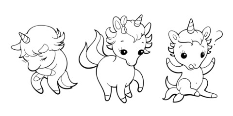Obraz premium Set of cute unicorns in kawaii style. Cartoon pony sticker design. Vector emoji.