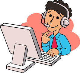 Man at the computer, service hand drawn icon