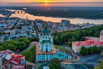 Aerial view of St. Andrew's Church during dawn, one of the most famous sights of the city of Kiev....