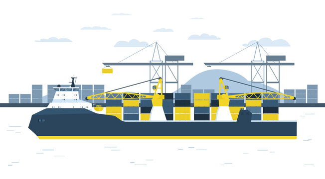 Container ship against the background of a container terminal. Vector illustration.