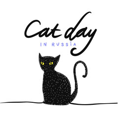 International Cat Day quote. Hand drawn vector logotype with lettering typography with cat paws isolated on white background. Illustration with slogan for clothe, print, banner, badge, poster, sticker
