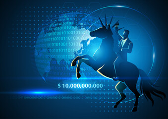 Businessman riding a decacorn on futuristic background