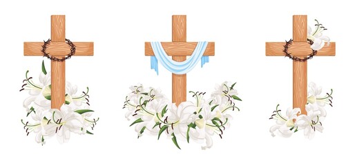 Set crosses with lilies isolated on white background. Religious symbols - obrazy, fototapety, plakaty