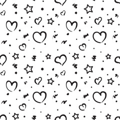 Hand drawn seamless pattern with hearts and star
