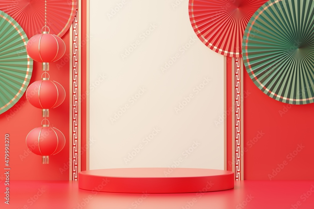 Aufkleber 3d rendering of minimal scene of blank podium with chinese lunar new year theme. display stand for p