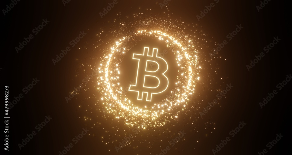 Poster 3d render of cryptocurrency bitcoin with technology network neon laser light. cryptocurrency digital