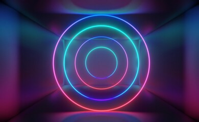 3d render of RGB neon light on darkness background. Abstract Laser lines show at night. Ultraviolet spectrum beam scene