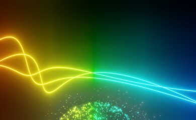 3d render of RGB neon light on darkness background. Abstract Laser lines show at night. Ultraviolet spectrum beam scene